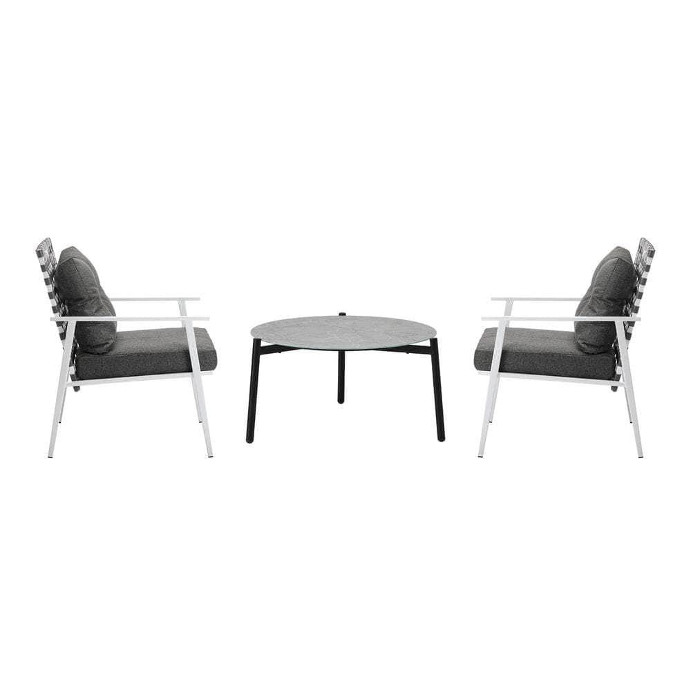 3pc Outdoor Lounge Sets 70CM Grey & White Round Table Rattan Chairs