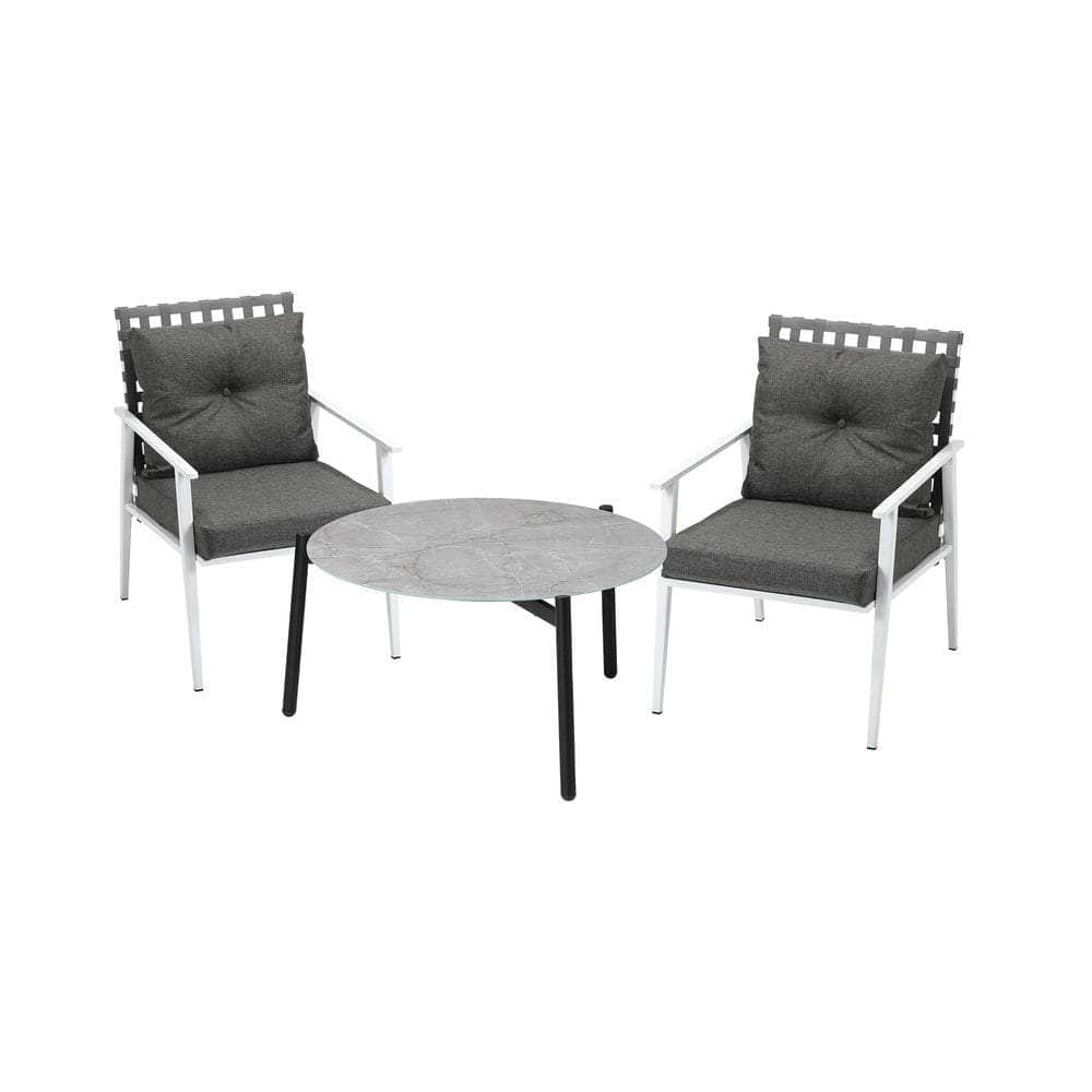 3pc Outdoor Lounge Sets 70CM Grey & White Round Table Rattan Chairs