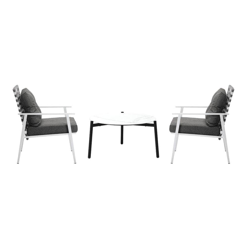 3pc Outdoor Lounge Sets 70CM Grey & White Round Table Rattan Chairs