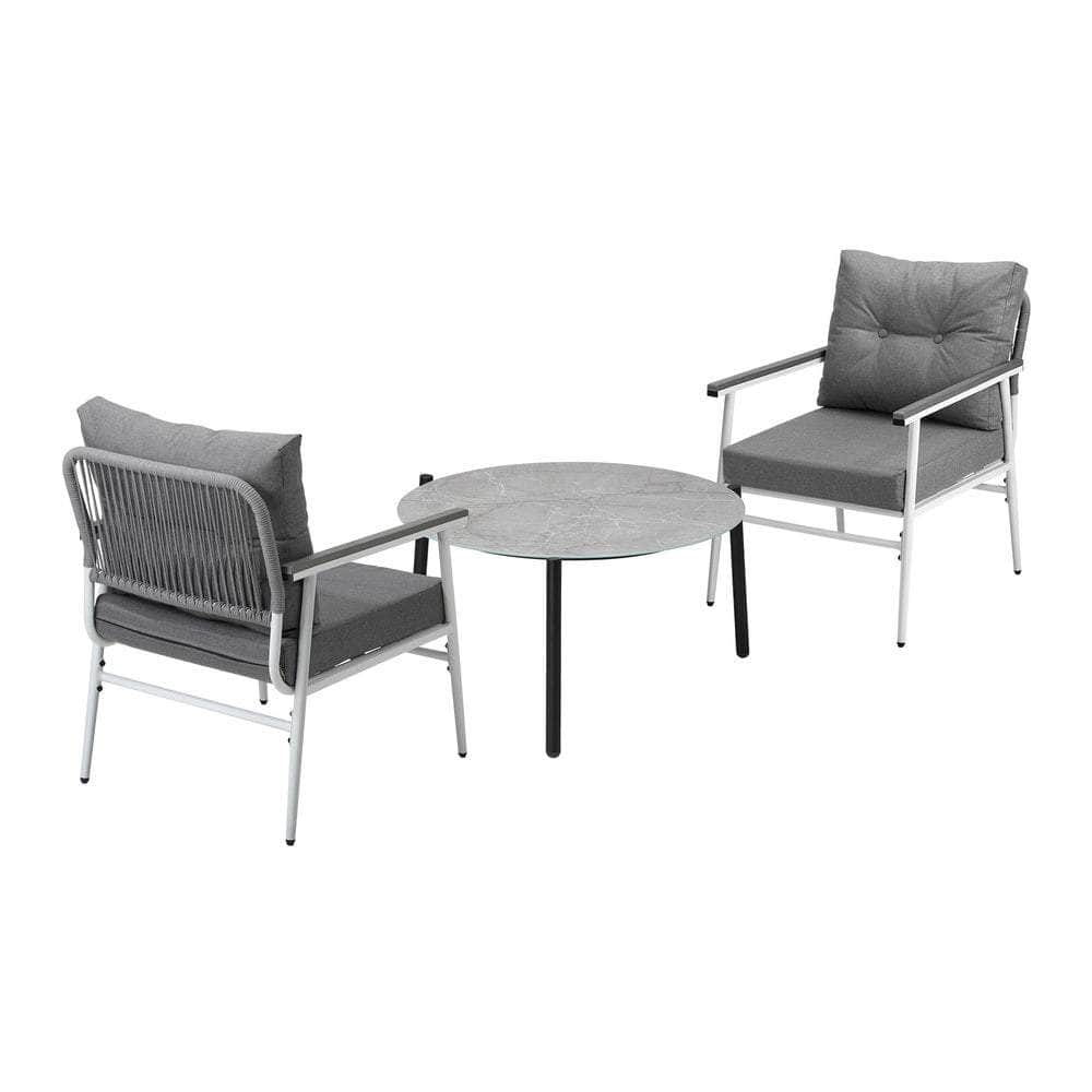 3PC Outdoor Patio Set 70CM Grey Marble Table Rattan Chairs
