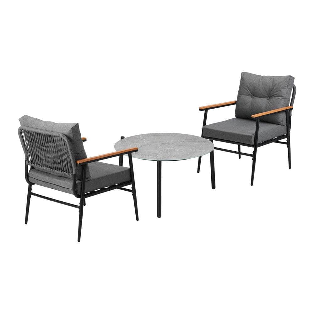 3PC Outdoor Patio Set 70CM Grey Marble Table Rattan Chairs