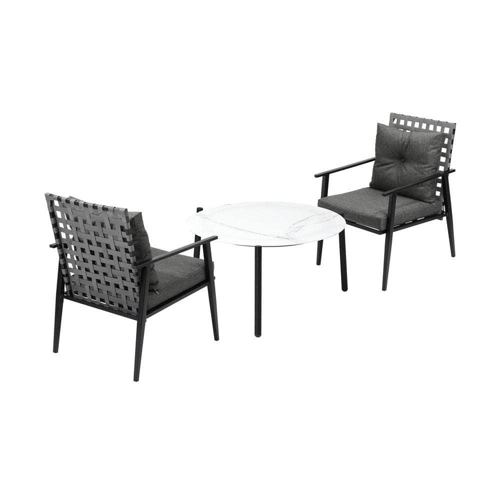 3PC Outdoor Patio Set 70CM Grey Marble Table Rattan Chairs