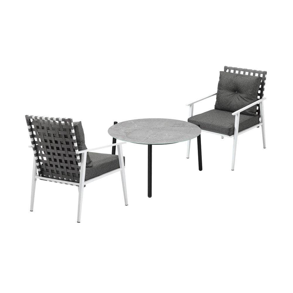 3PC Outdoor Patio Set 70CM Grey Marble Table Rattan Chairs