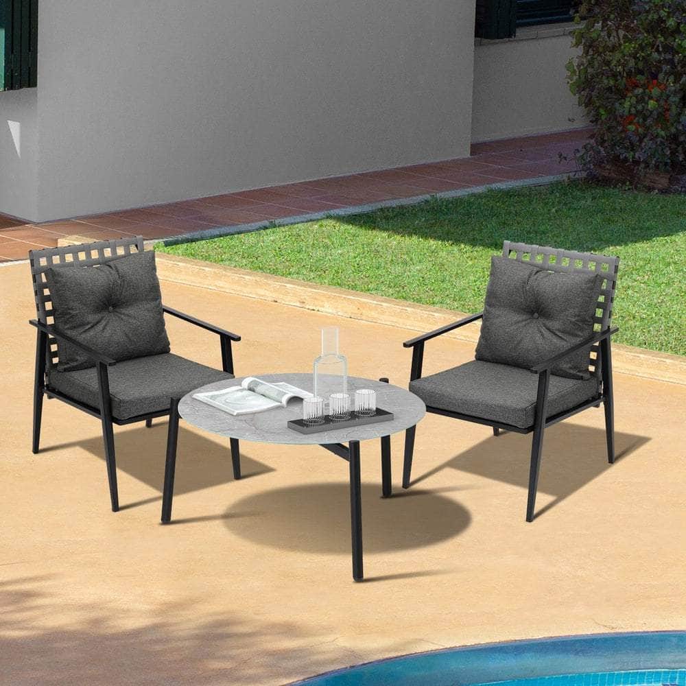 3PC Outdoor Patio Set 70CM Grey Marble Table Rattan Chairs
