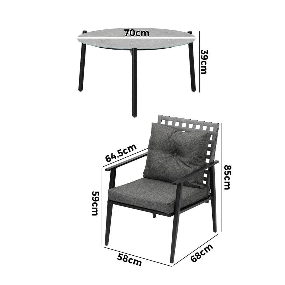 3PC Outdoor Patio Set 70CM Grey Marble Table Rattan Chairs