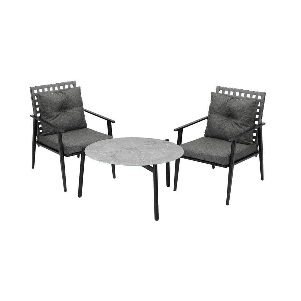 3PC Outdoor Patio Set 70CM Grey Marble Table Rattan Chairs