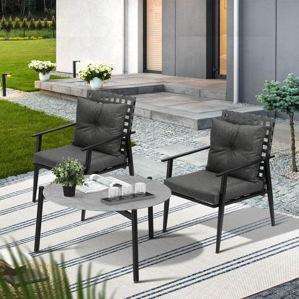 3PC Outdoor Patio Set 70CM Grey Marble Table Rattan Chairs