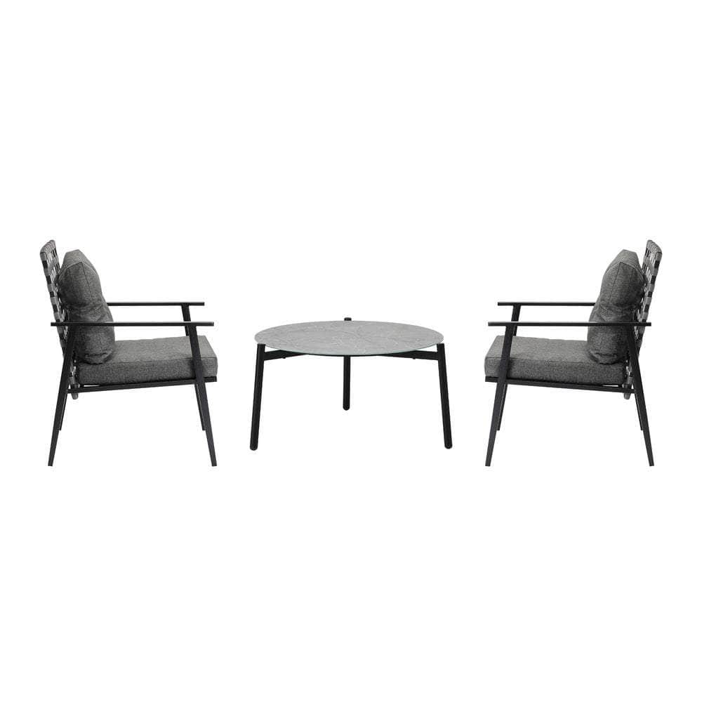 3PC Outdoor Patio Set 70CM Grey Marble Table Rattan Chairs