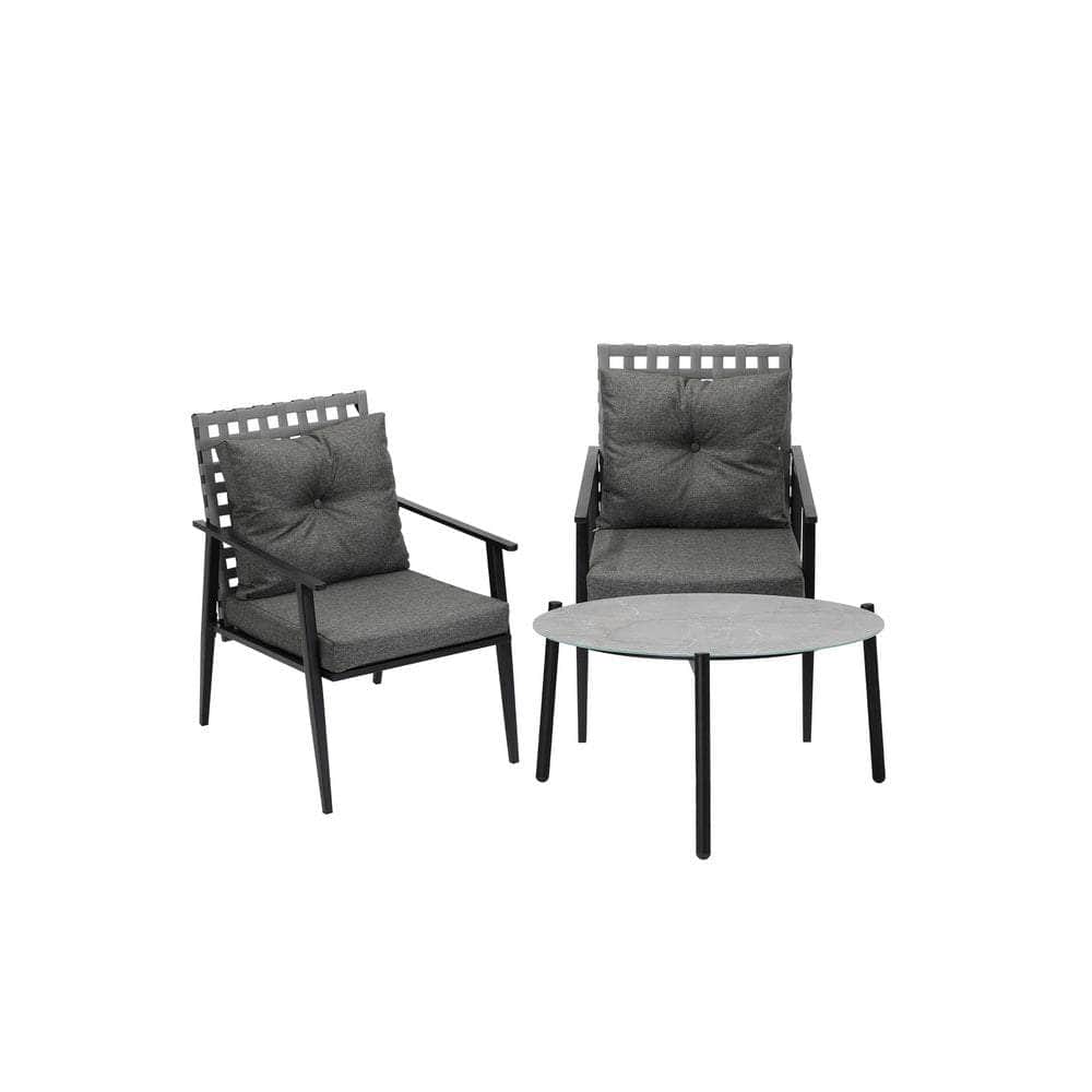 3PC Outdoor Patio Set 70CM Grey Marble Table Rattan Chairs