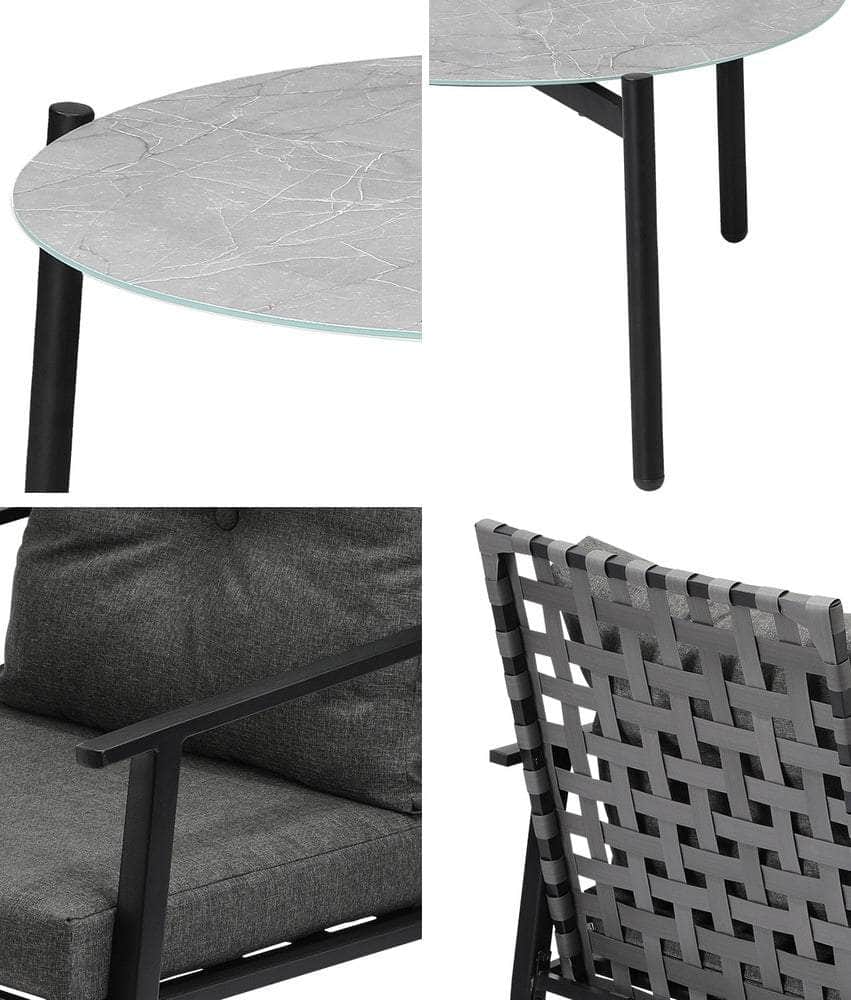 3PC Outdoor Patio Set 70CM Grey Marble Table Rattan Chairs