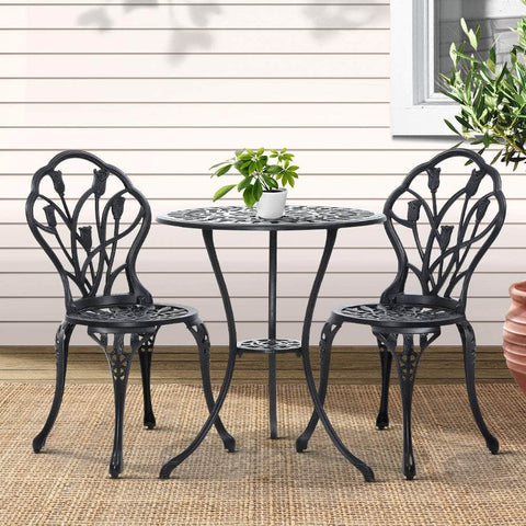 3PC Outdoor Setting Cast Aluminium Bistro Table Chair Patio Black