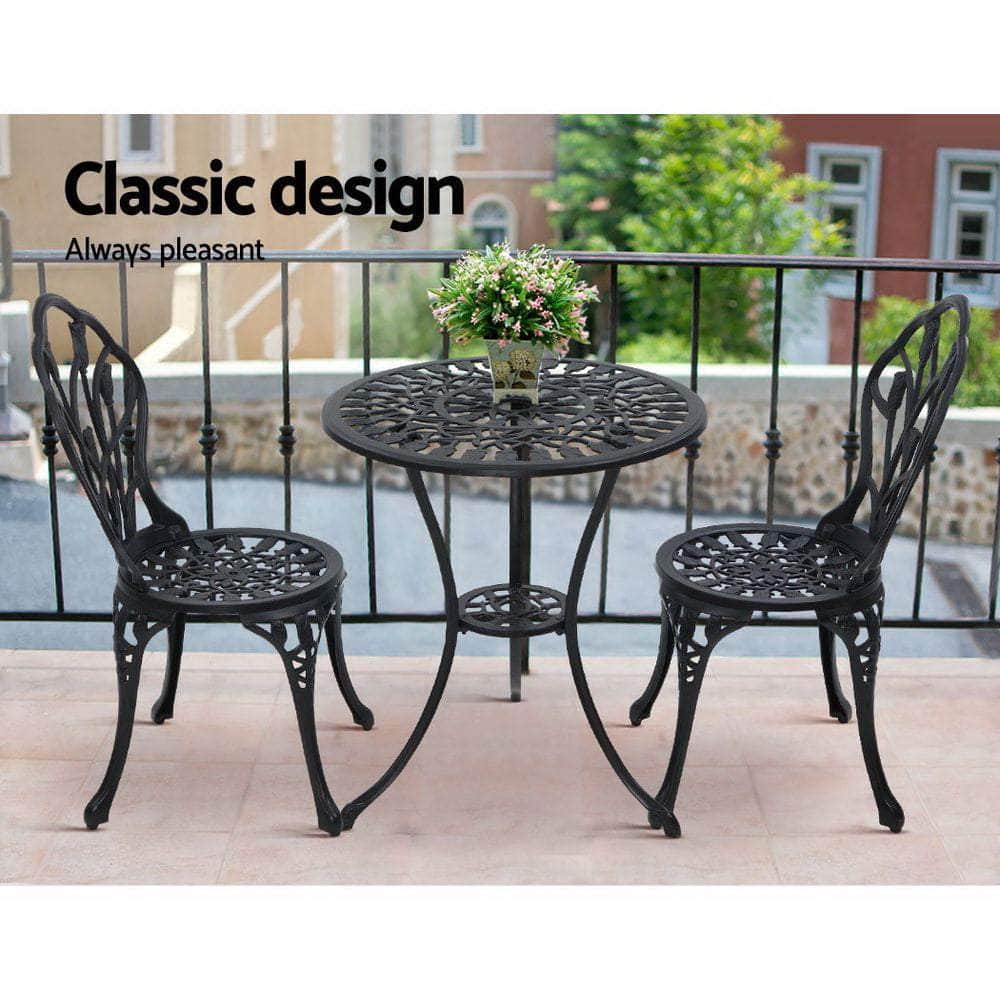 3PC Outdoor Setting Cast Aluminium Bistro Table Chair Patio Black