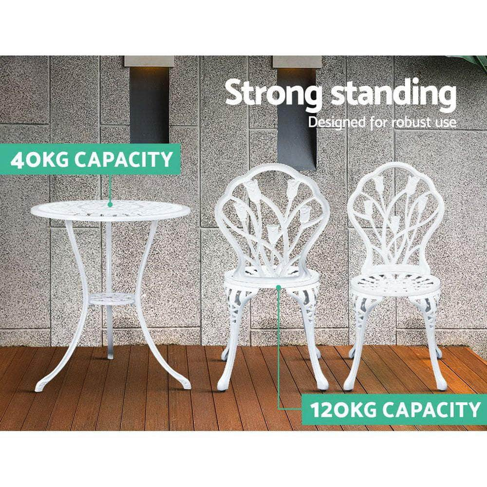 3PC Outdoor Setting Cast Aluminium Bistro Table Chair Patio White