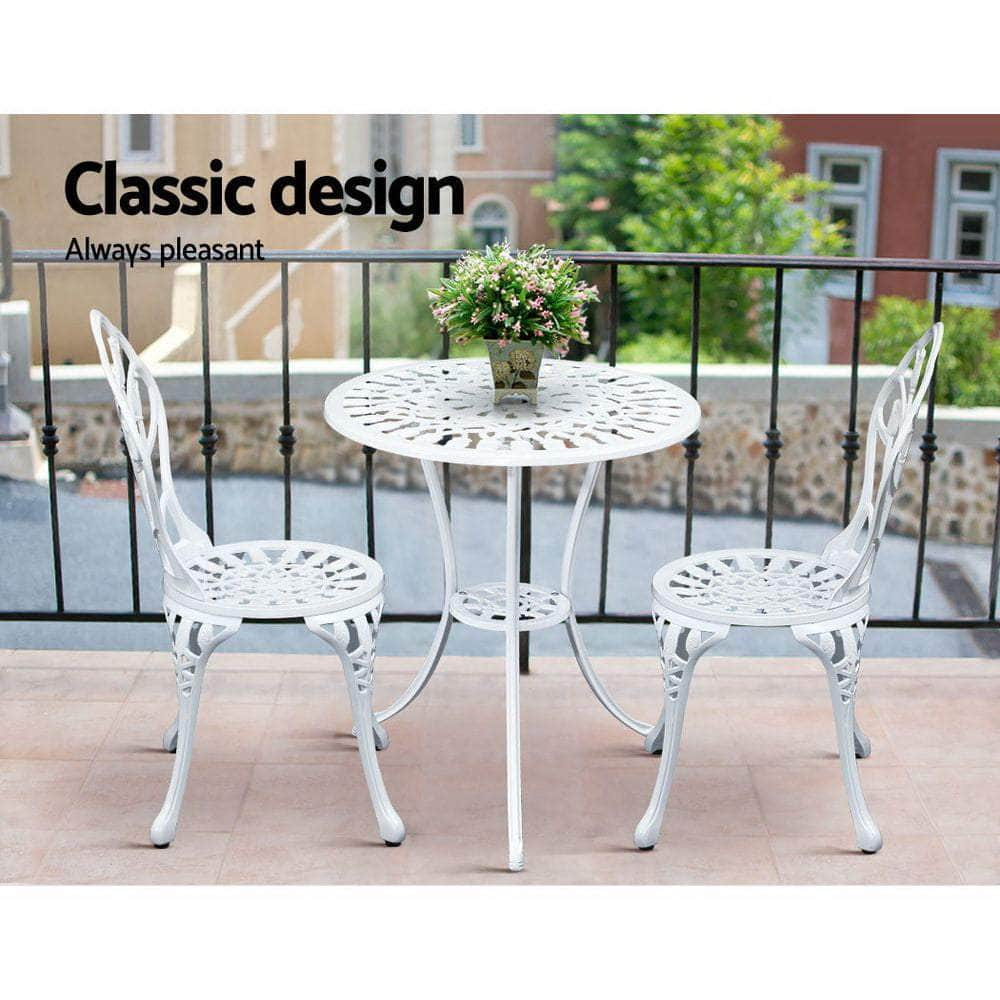 3PC Outdoor Setting Cast Aluminium Bistro Table Chair Patio White