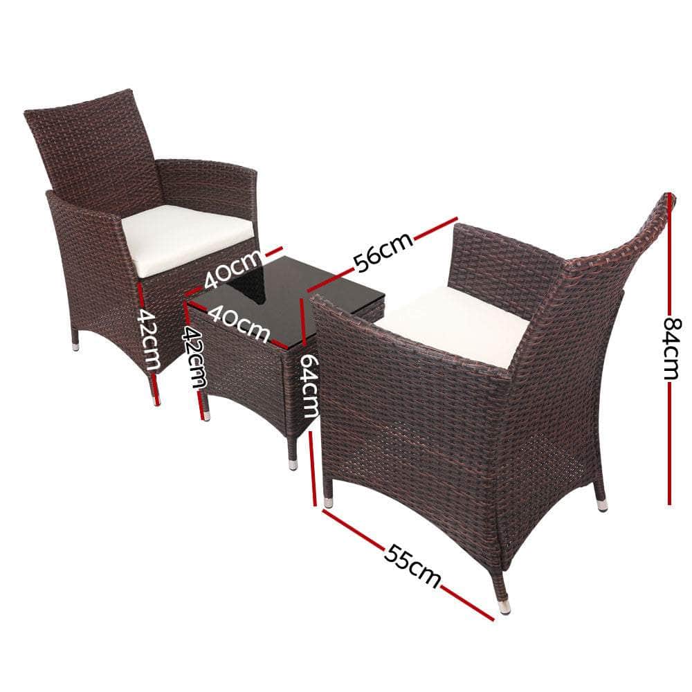 3pc Rattan Bistro Wicker Outdoor Furniture Set Brown