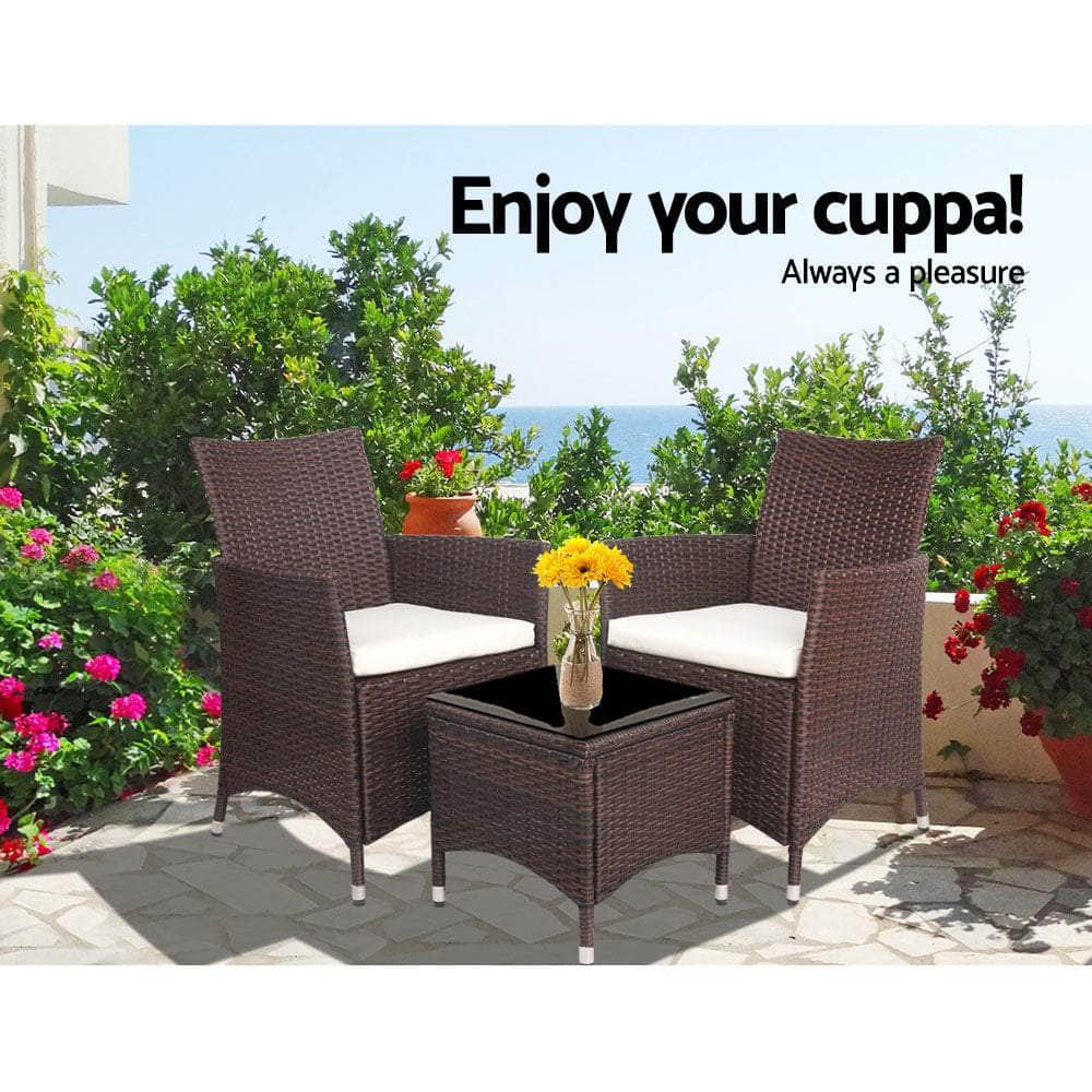 3pc Rattan Bistro Wicker Outdoor Furniture Set Brown