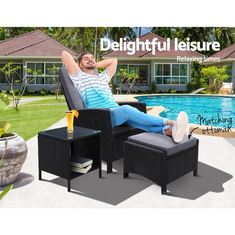 3PC Recliner Chairs Table Sun lounge Wicker Outdoor Furniture Adjustable Black