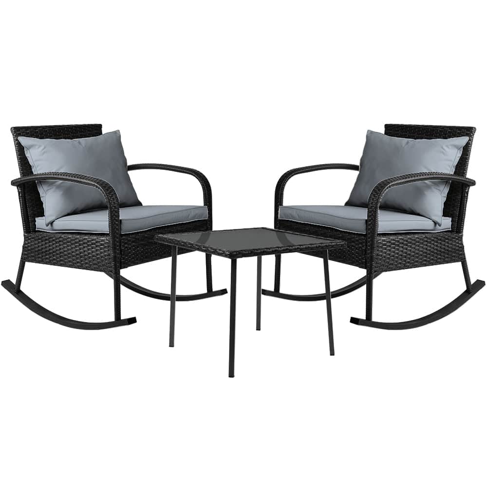 3Pc Rocking Chair Table Wicker Outdoor Furniture Patio Bistro Set Black