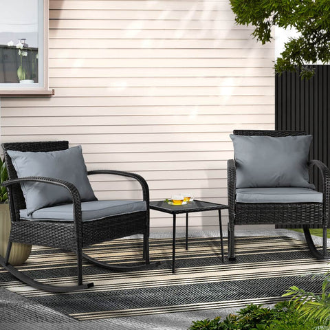 3Pc Rocking Chair Table Wicker Outdoor Furniture Patio Bistro Set Black