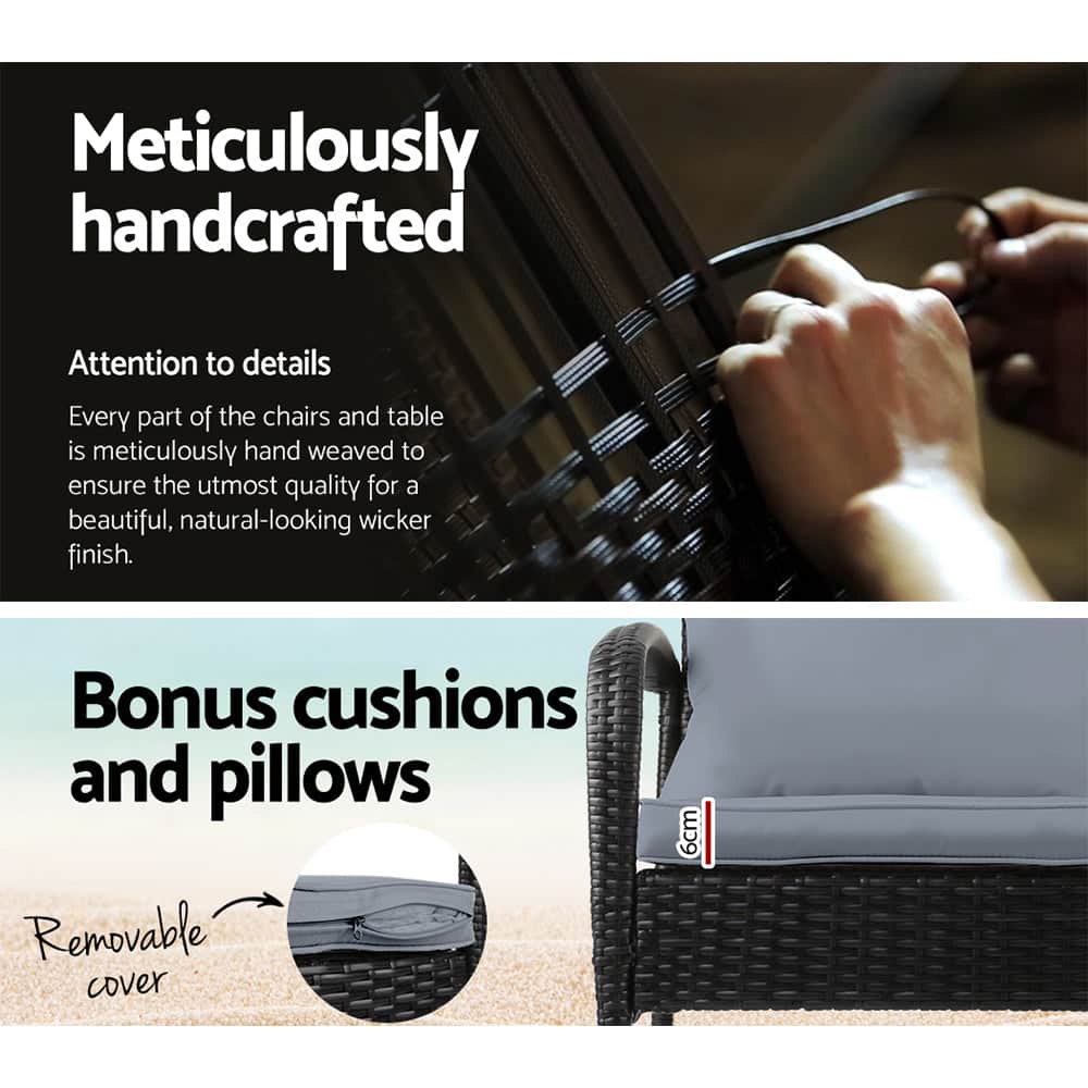 3Pc Rocking Chair Table Wicker Outdoor Furniture Patio Bistro Set Black