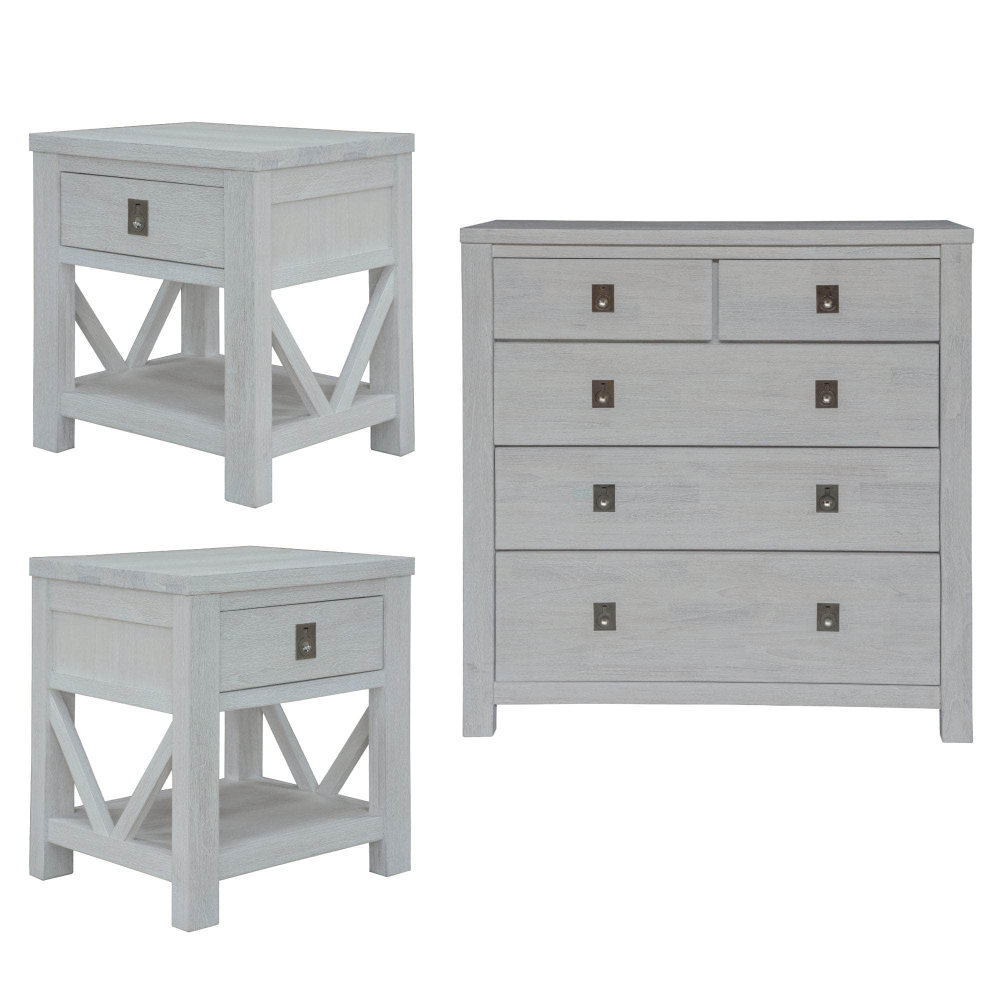 3Pc Set 2 Bedside Tallboy Storage Cabinet Side End Table White Wash