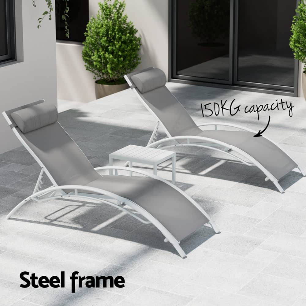 Steel finish - 3PC Sun Lounge Outdoor Lounger Table Chairs Steel Patio Furniture Garden - photo 12