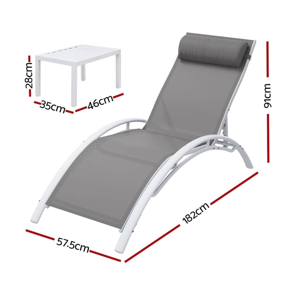 3PC Sun Lounge Outdoor Lounger Table Chairs Steel Patio Furniture Garden with Steel finish