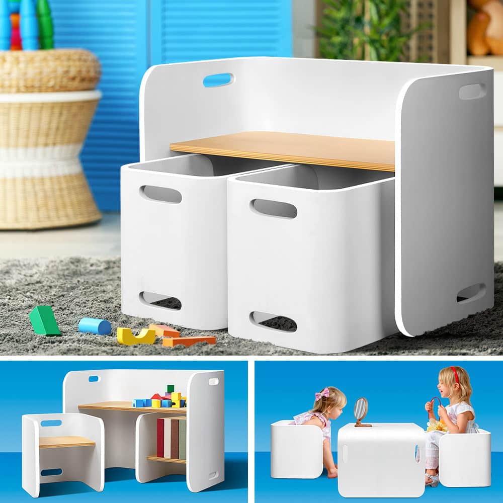 3Pcs Kids Table And Chairs Set Multifunctional Storage Desk White