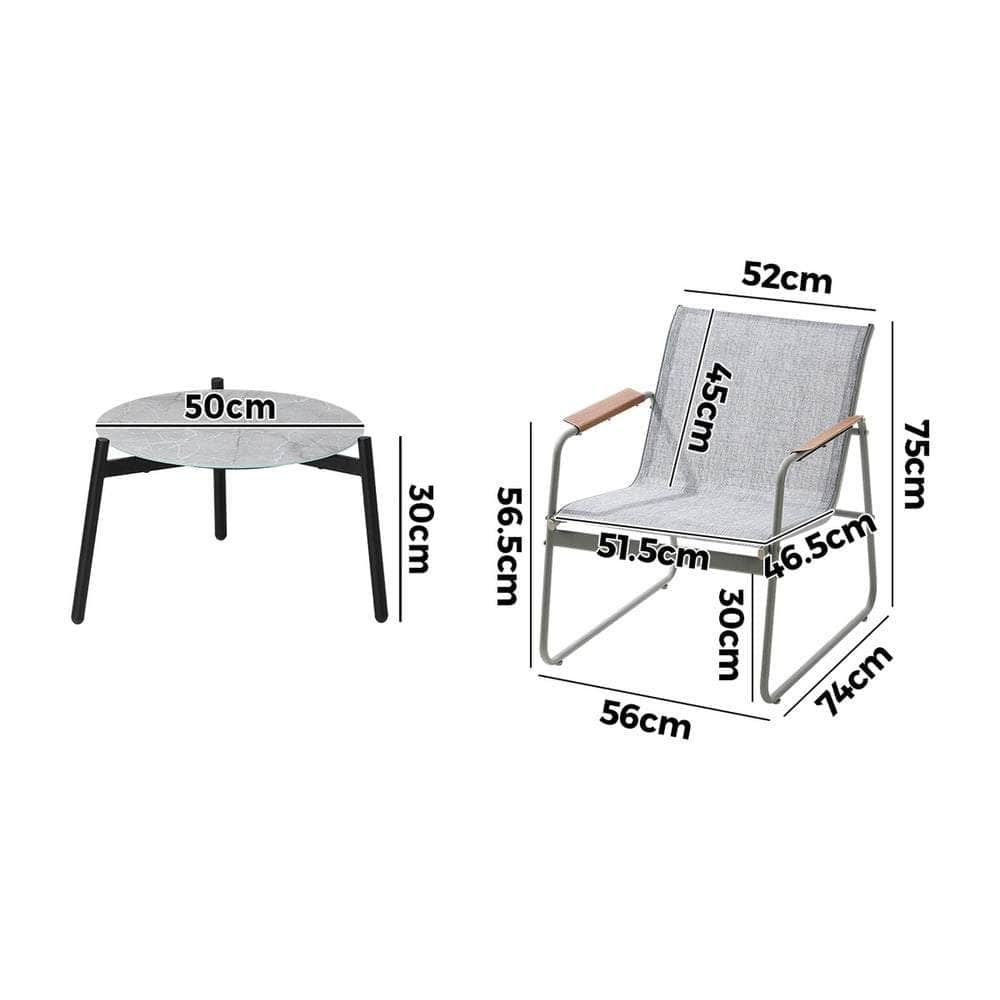 3PCS Outdoor Bistro Set Patio Chair 50cm Coffee Table Textilene