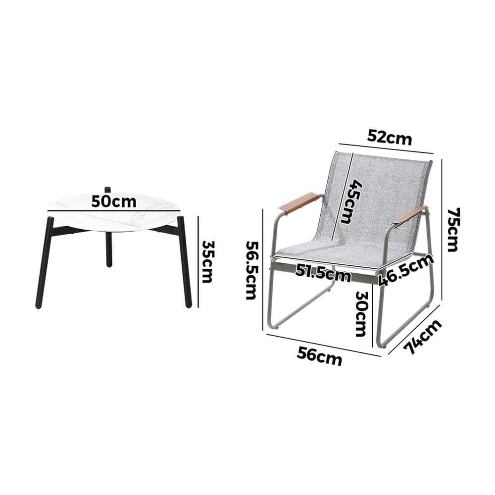 3PCS Outdoor Bistro Set Patio Chair 70cm Grey Table Textilene