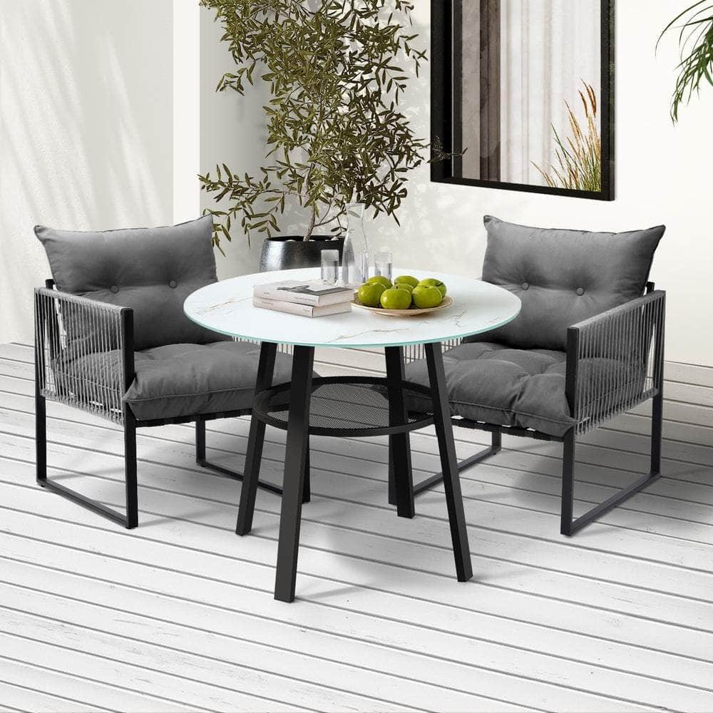 3PCS Outdoor Dining Set Round Table PE Wicker Chairs
