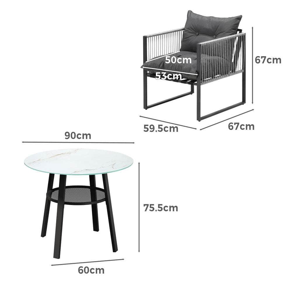 3PCS Outdoor Dining Set Round Table PE Wicker Chairs