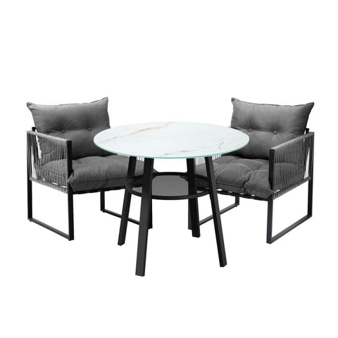 3PCS Outdoor Dining Set Round Table PE Wicker Chairs
