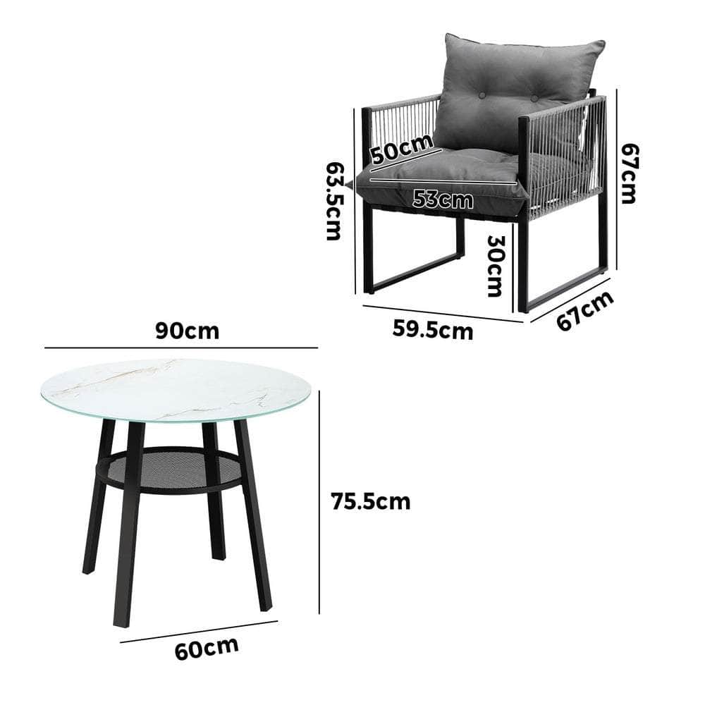 3PCS Outdoor Dining Set Round Table PE Wicker Chairs