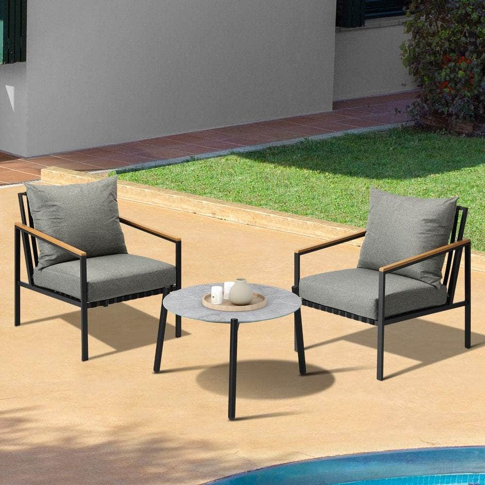 3PCS Outdoor Lounge Set Grey 50cm Coffee Table Chairs