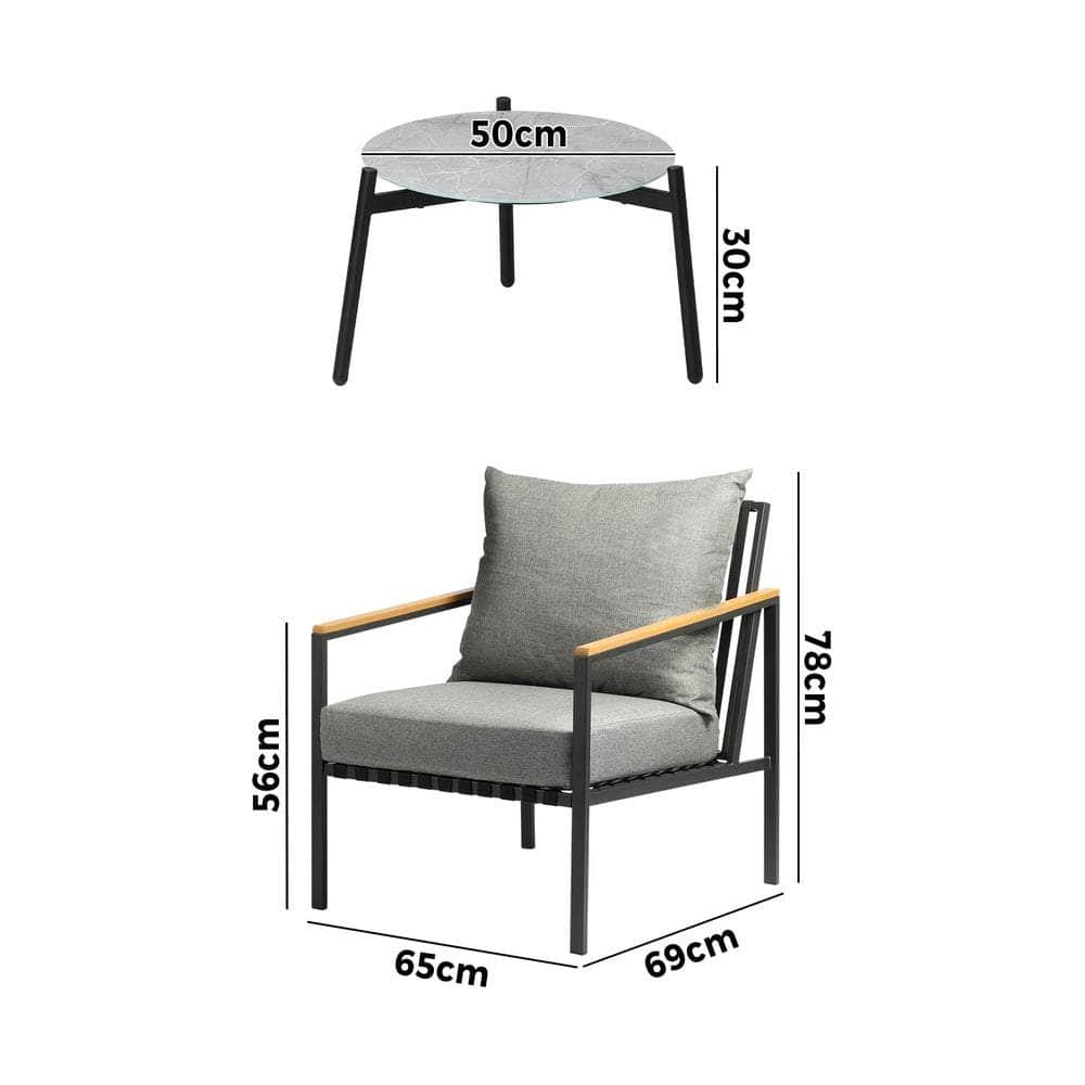 3PCS Outdoor Lounge Set Grey 50cm Coffee Table Chairs