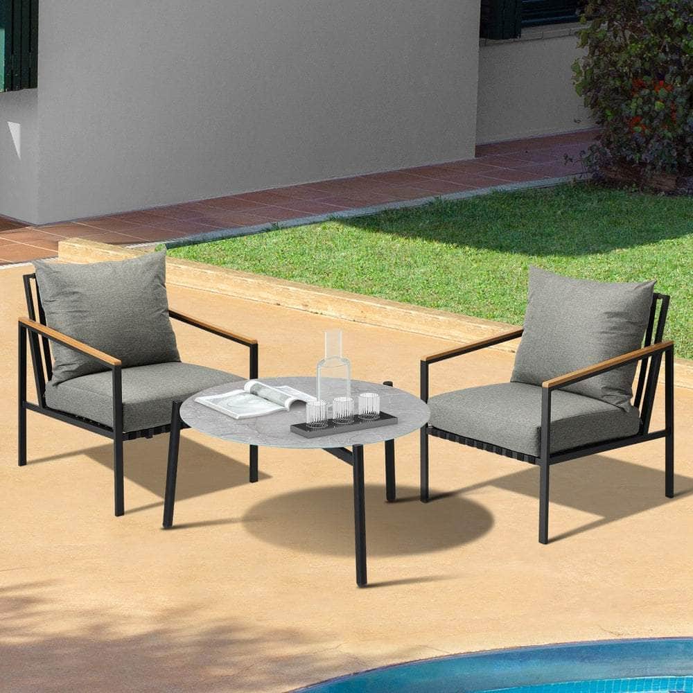3PCS Outdoor Lounge Set Grey 70cm Coffee Table Chairs