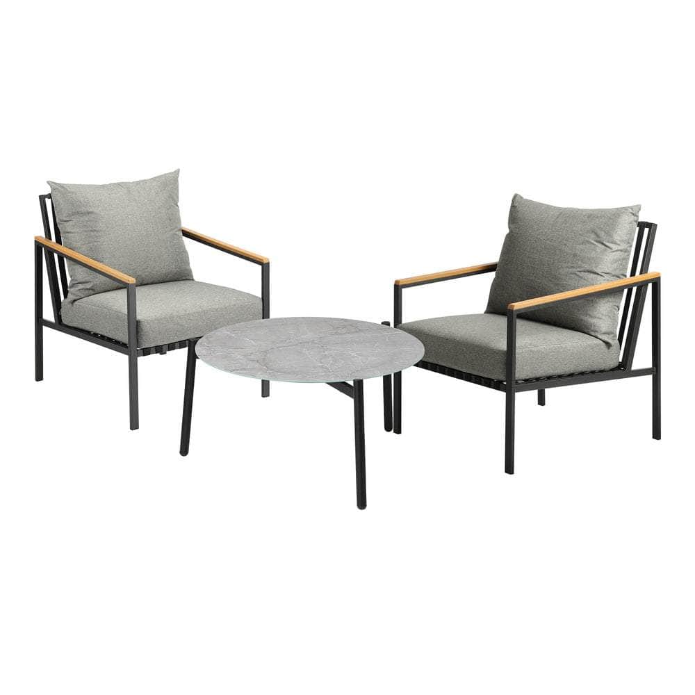 3PCS Outdoor Lounge Set Grey 70cm Coffee Table Chairs