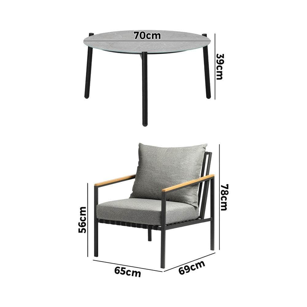 3PCS Outdoor Lounge Set Grey 70cm Coffee Table Chairs