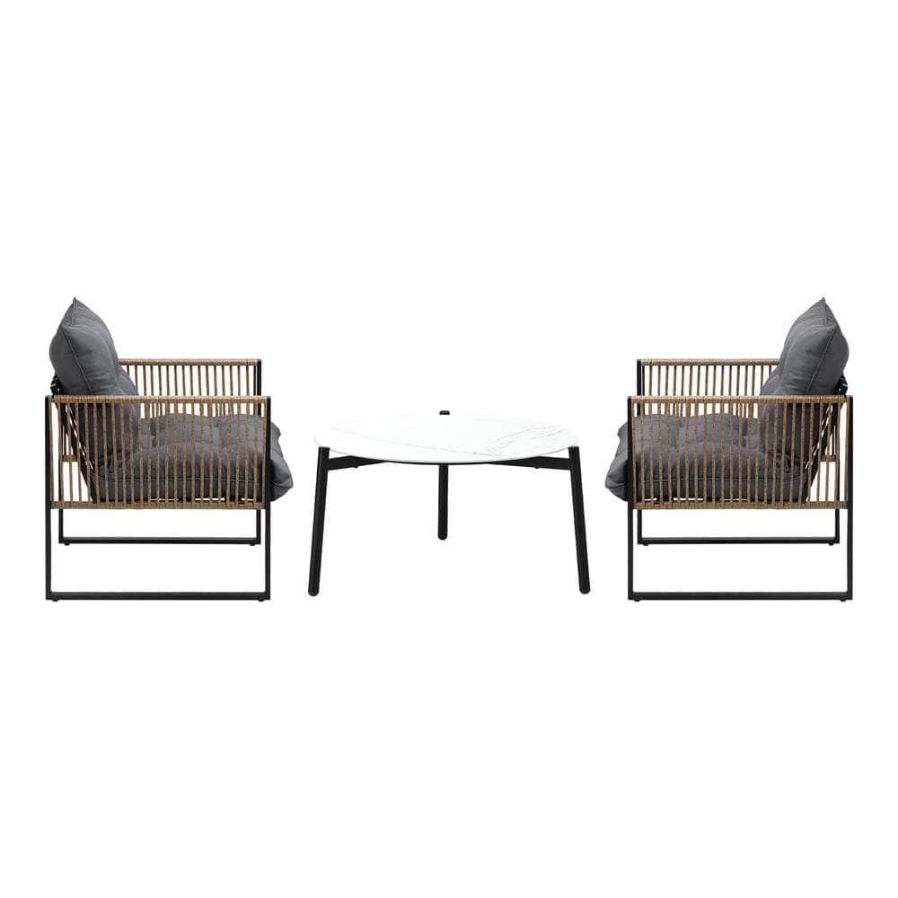3PCS Outdoor Patio Set 50cm & 70cm Coffee Table Rattan Chairs