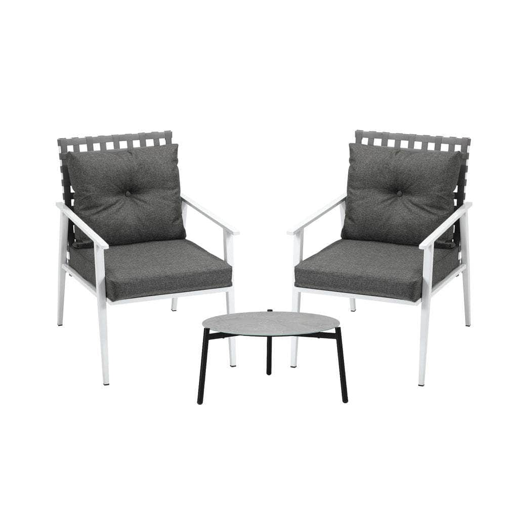 3PCS Outdoor Patio Set 50CM Grey Marble Table Rattan Chairs