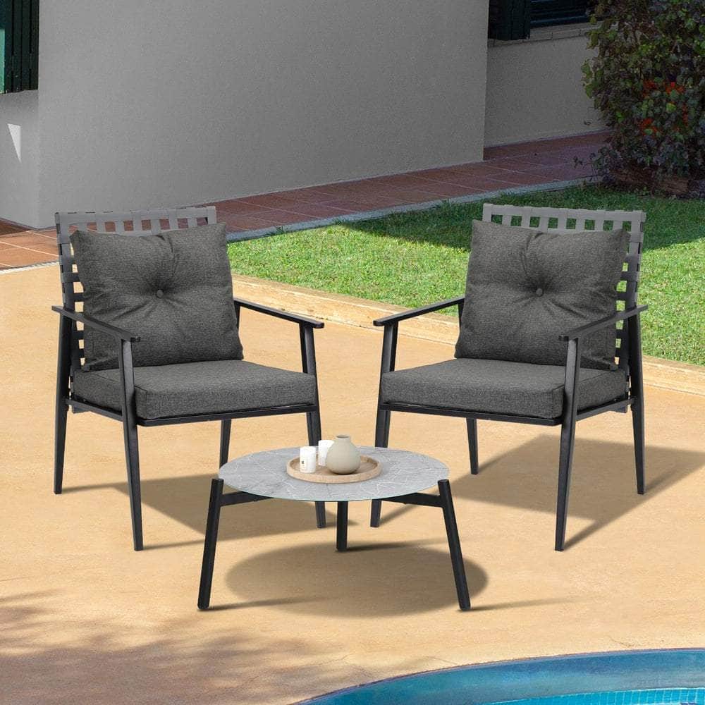 3PCS Outdoor Patio Set 50CM Grey Marble Table Rattan Chairs