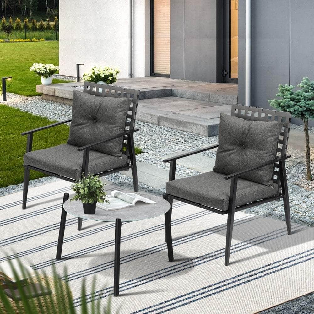 3PCS Outdoor Patio Set 50CM Grey Marble Table Rattan Chairs
