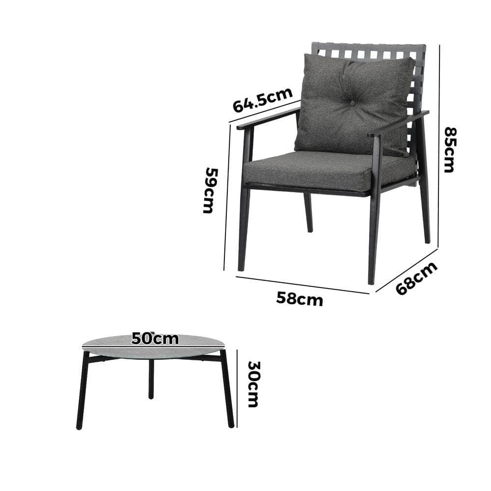 3PCS Outdoor Patio Set 50CM Grey Marble Table Rattan Chairs