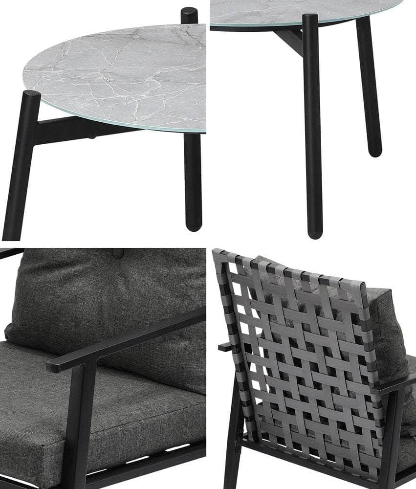 3PCS Outdoor Patio Set 50CM Grey Marble Table Rattan Chairs