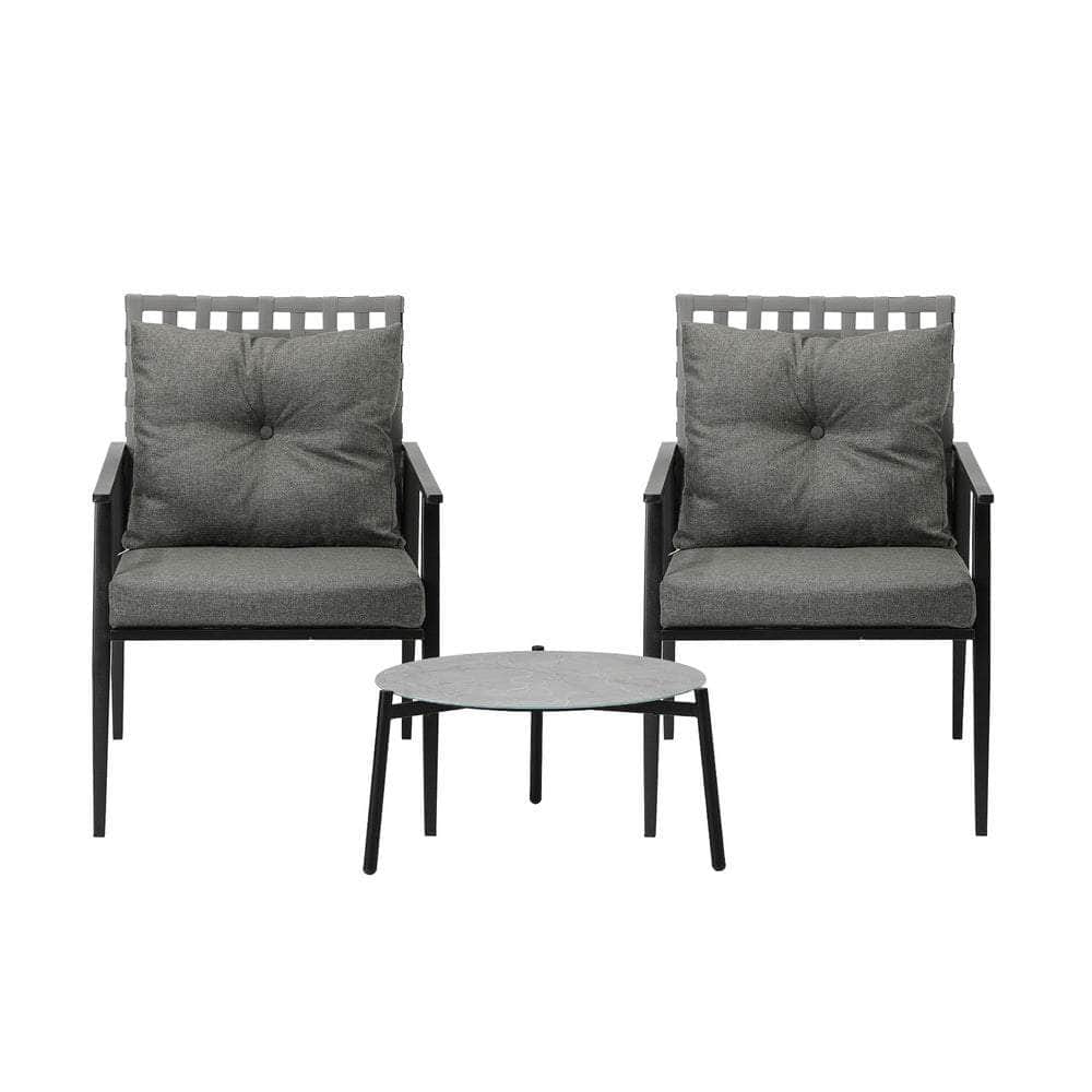 3PCS Outdoor Patio Set 50CM Grey Marble Table Rattan Chairs