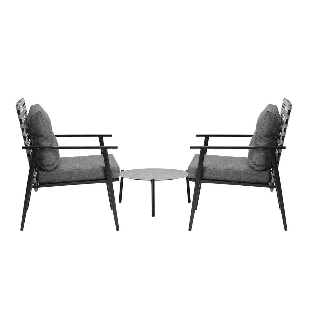 3PCS Outdoor Patio Set 50CM Grey Marble Table Rattan Chairs