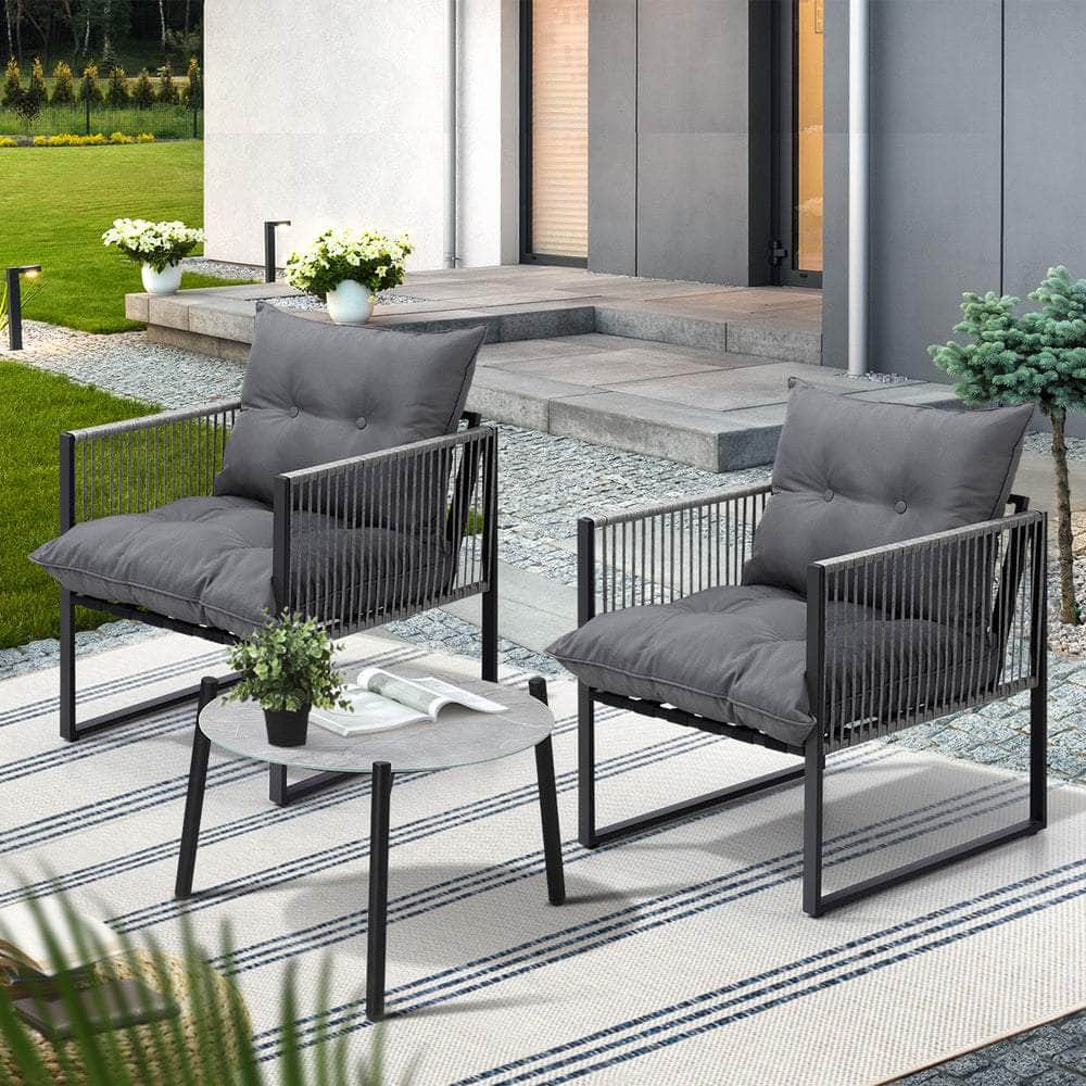 3PCS Outdoor Patio Set 50cm Grey Table Cushioned Armchairs