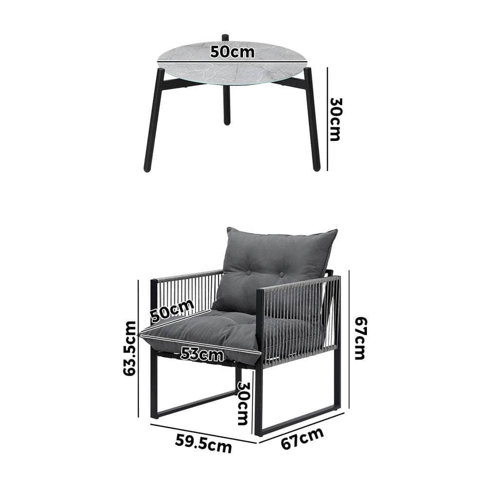 3PCS Outdoor Patio Set 50cm Grey Table Cushioned Armchairs