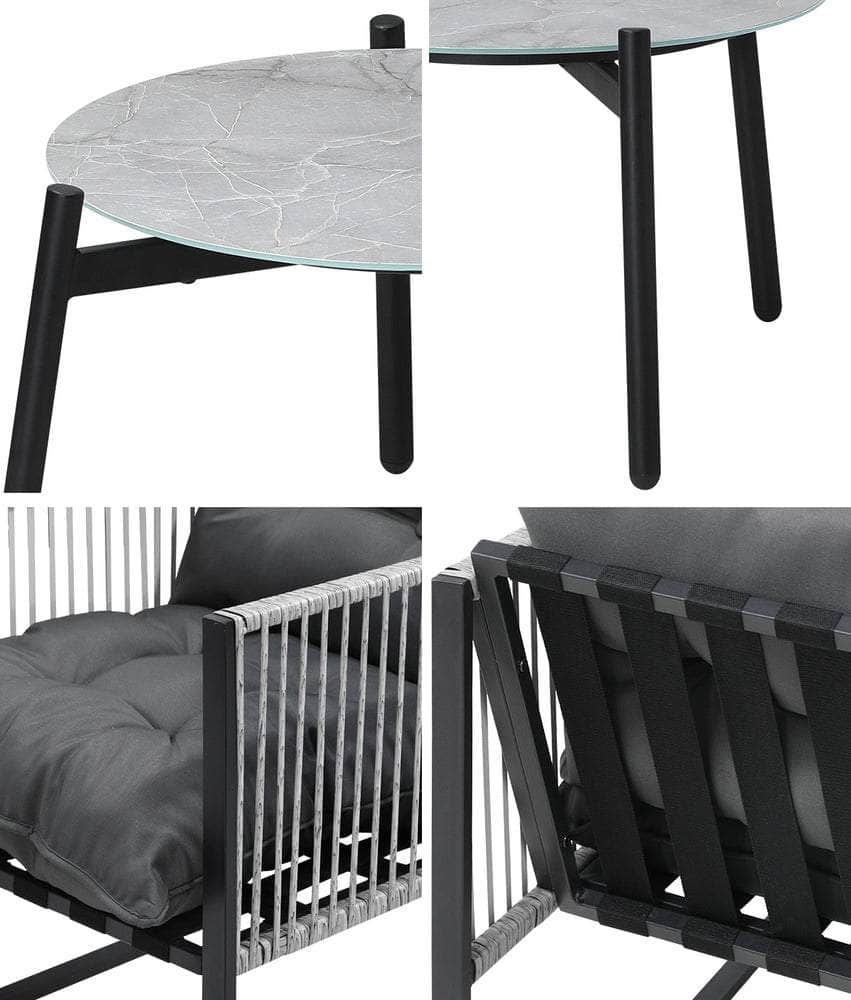 3PCS Outdoor Patio Set 50cm Grey Table Cushioned Armchairs
